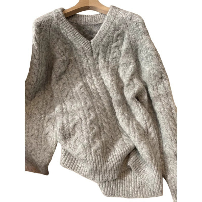 Damen Grobstrickpullover V-Ausschnitt Zopfmuster Eveloria