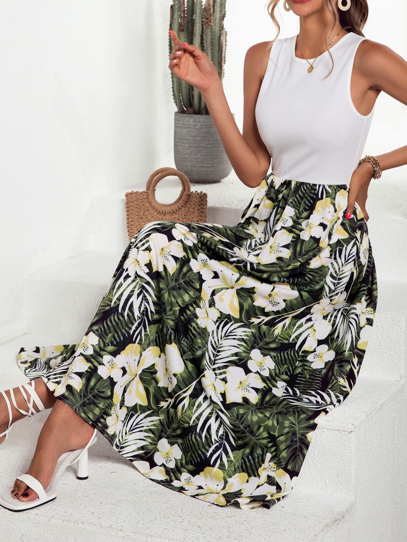 Damen Maxirock Floralmuster Schwingender Saum Eveloria