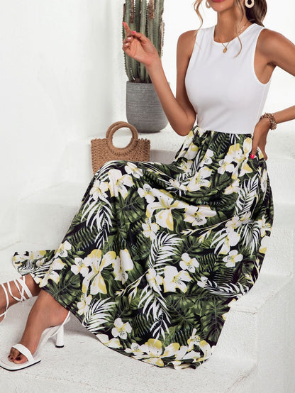 Damen Maxirock Floralmuster Schwingender Saum Eveloria