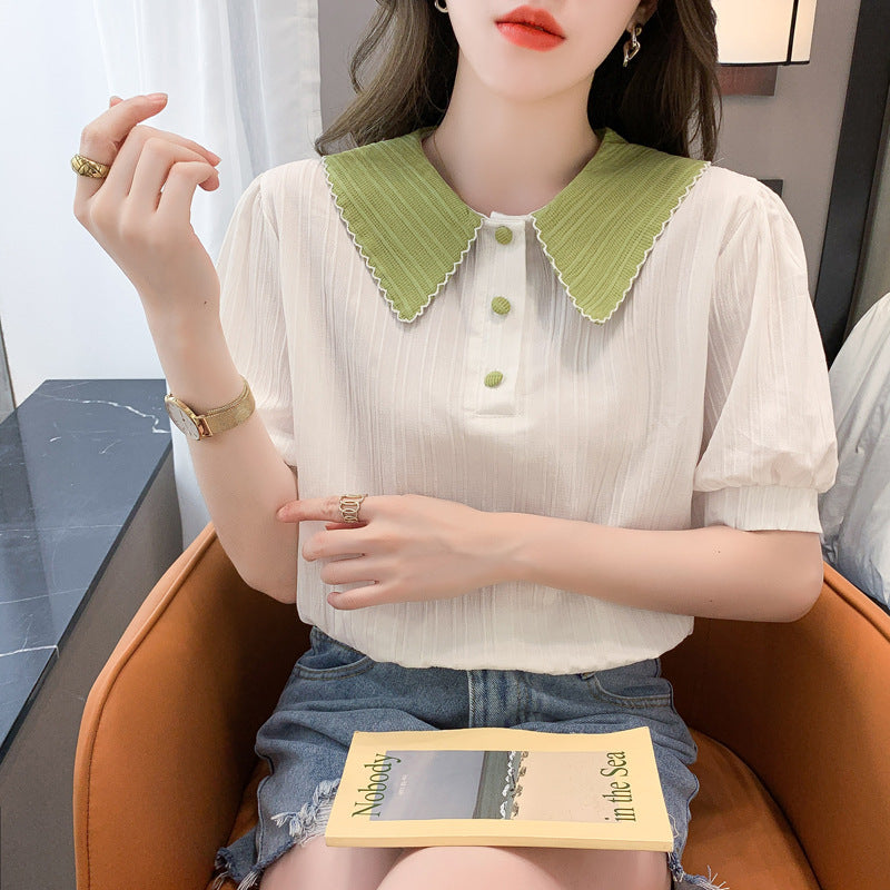 Damen Bluse Kurzarm Eleganter Kragen Dekorative Knöpfe