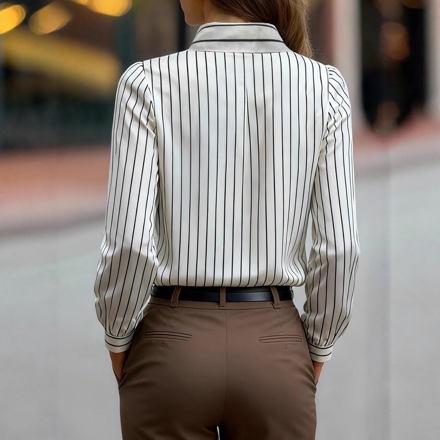Damen Bluse Gestreift Klassischer Kragen Puffärmel