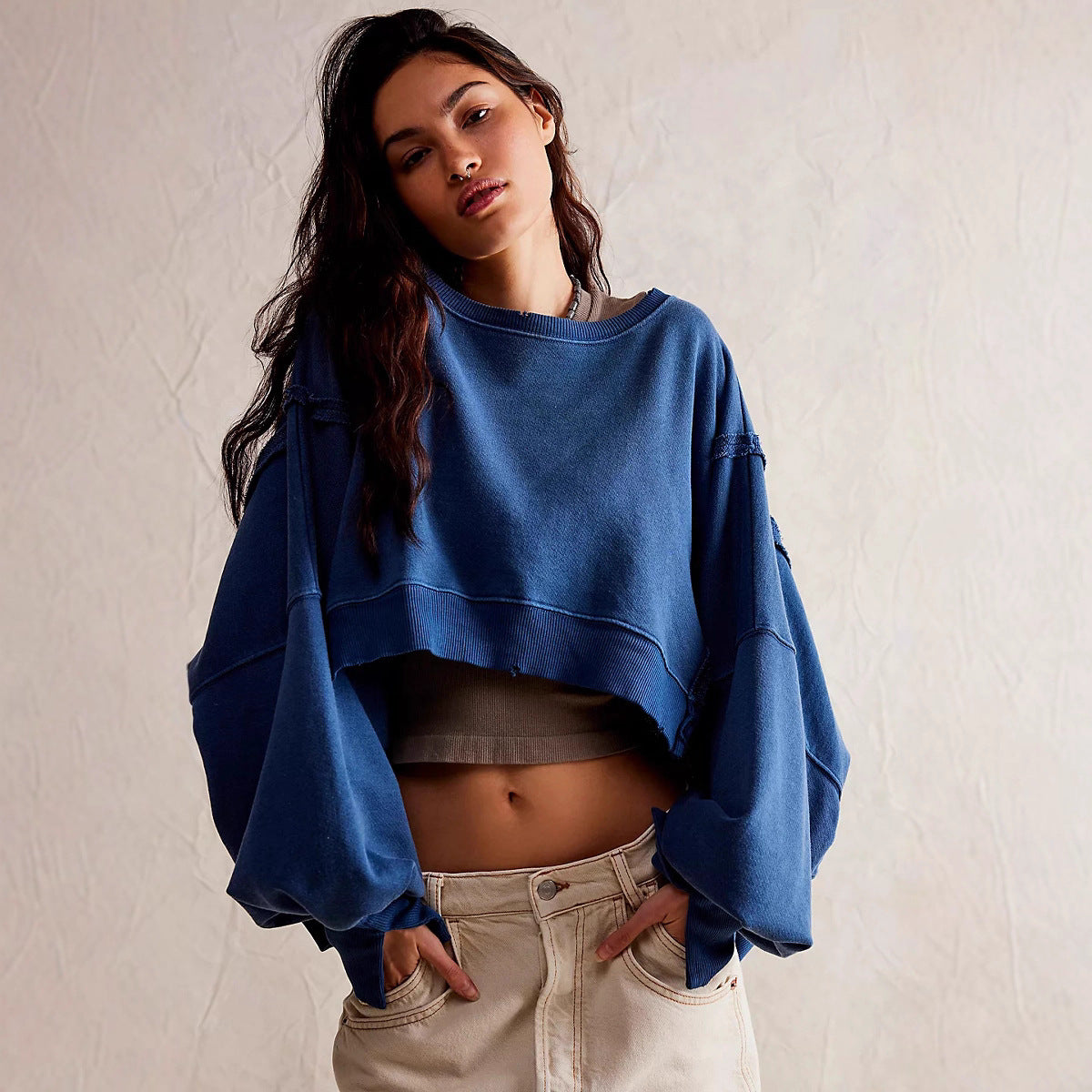 Damen Cropped Sweatpullover Weite Ärmel Grau Eveloria