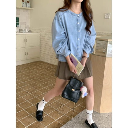 Damen Denim-Bluse mit Puffärmeln Blau Eveloria