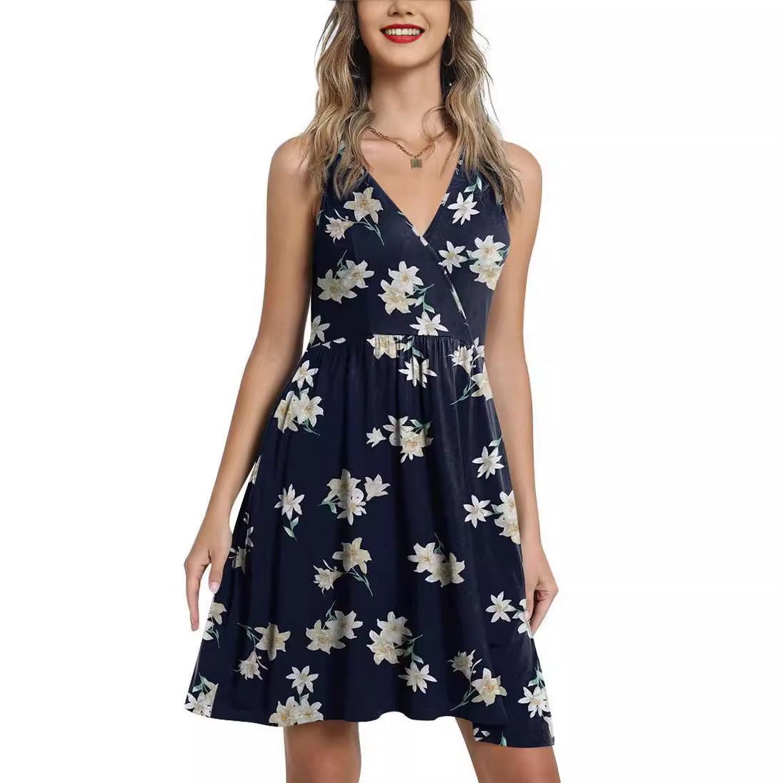 Damen Blumenkleid A-Linie V-Ausschnitt Eveloria