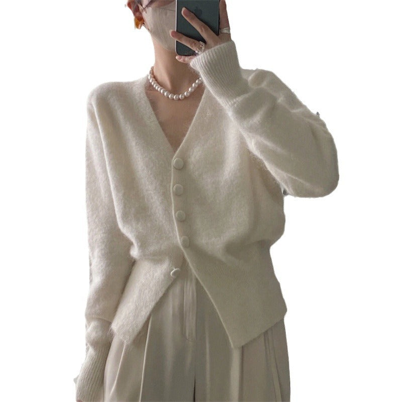 Damen Strickjacke Weiches Mohair-Material Knopfverschluss Anthrazit