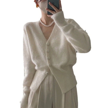 Damen Strickjacke Weiches Mohair-Material Knopfverschluss Anthrazit
