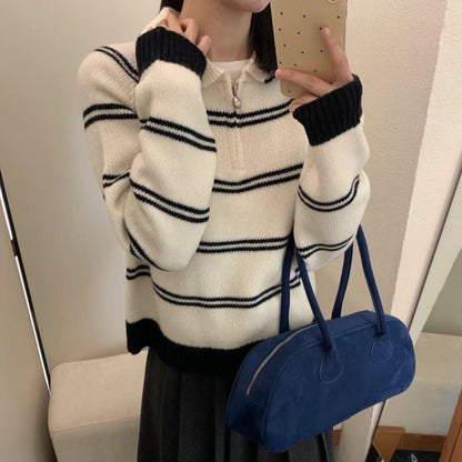 Damen Strickpullover Halbreißverschluss Gestreift Eveloria