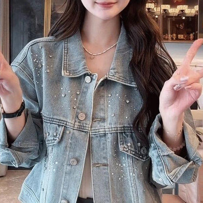 Damen Denimjacke Dekorative Perlen Blau Eveloria