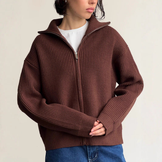 Damen Grobstrickpullover Hochkragen Reißverschluss Beige - Eveloria