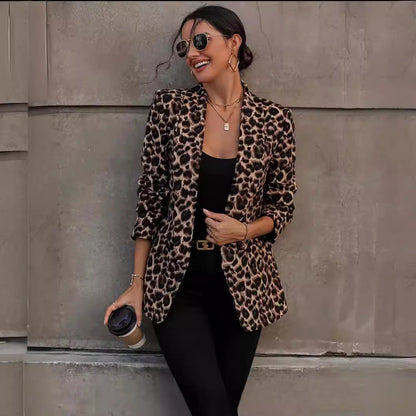 Damen Blazer Animal-Print Elegant Revers Schwarz - Eveloria