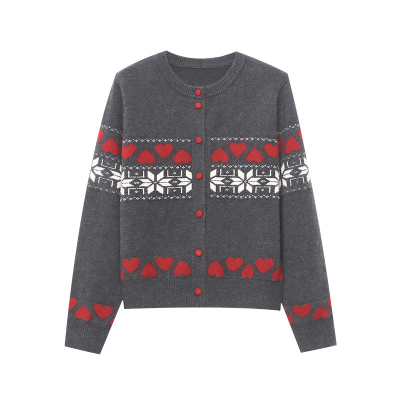 Damen Strickjacke Herzmuster Knopfverschluss