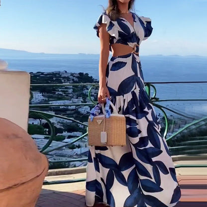 Damen Maxikleid Gewellte Ärmel Elastischer Taillengürtel Eveloria