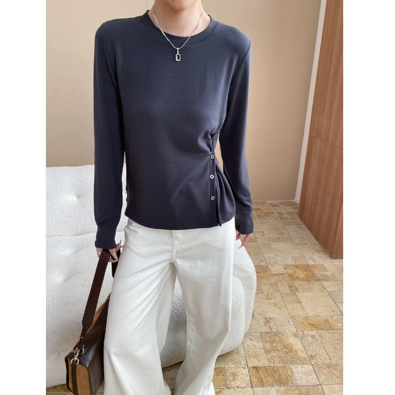 Damen Langarmshirt mit Knopfdetails Seitenöffnung Eveloria