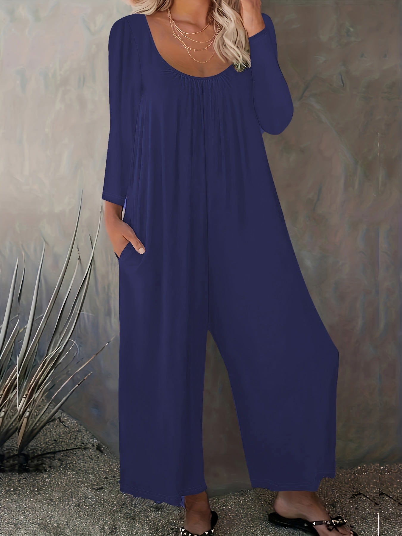 Damen Jumpsuit Weitgeschnitten Baumwolle Praktische Taschen