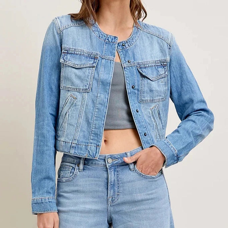 Damen Jeansjacke Cropped Schnitt Praktische Taschen Blau Eveloria