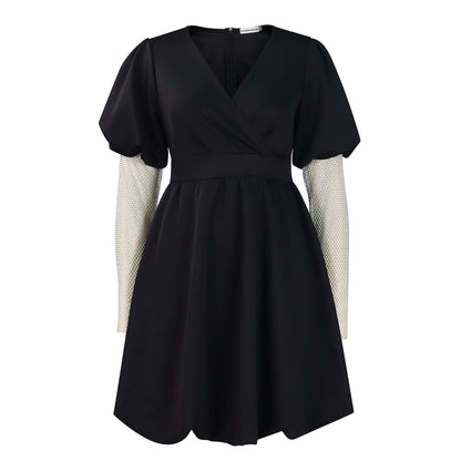 Damen Wickelkleid Puffärmel Netzoberarm Transparent Eveloria
