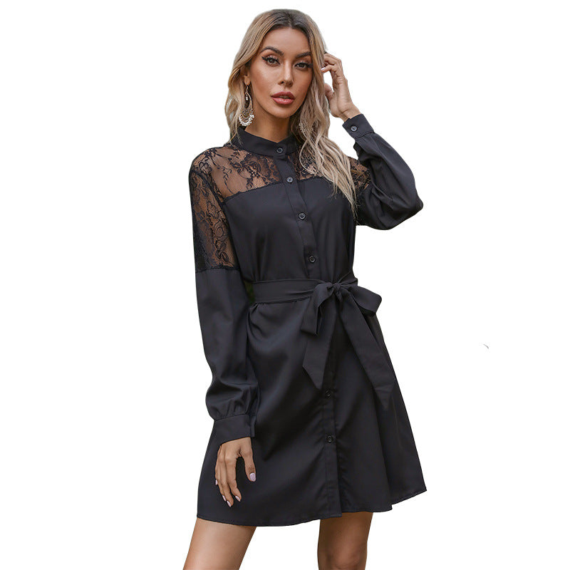 Damen Hemdblusenkleid Spitze Ärmel Taillengürtel Eveloria