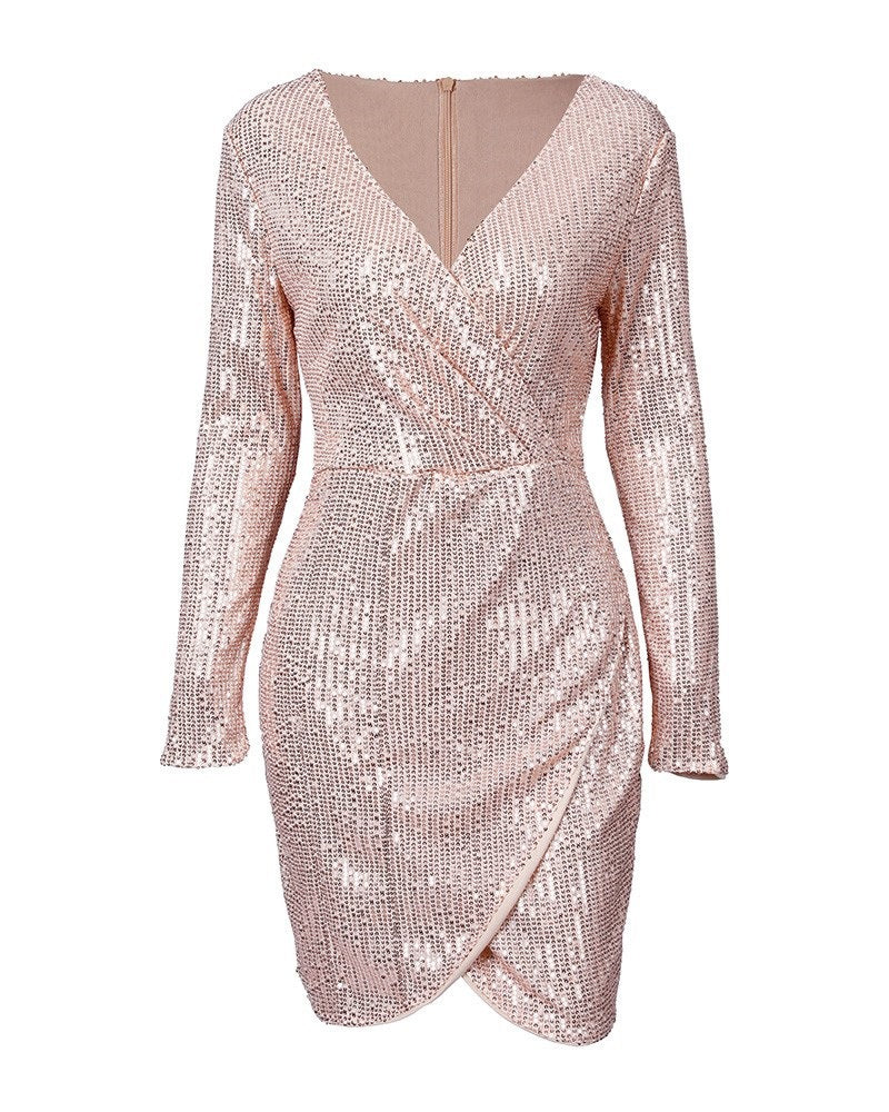 Damen Pailletten-Shiftkleid V-Ausschnitt Länge Knie Langärmlig