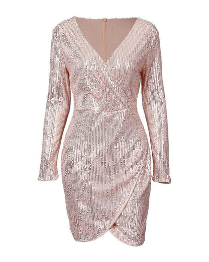 Damen Pailletten-Shiftkleid V-Ausschnitt Länge Knie Langärmlig