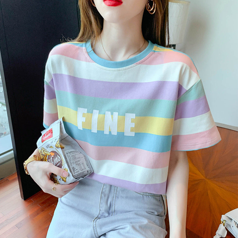 Damen T-Shirt Bunt Streifenmuster Baumwolle Weiss