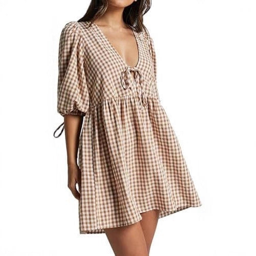 Damen Freizeitkleid V-Ausschnitt Puffärmel Eveloria - Eveloria
