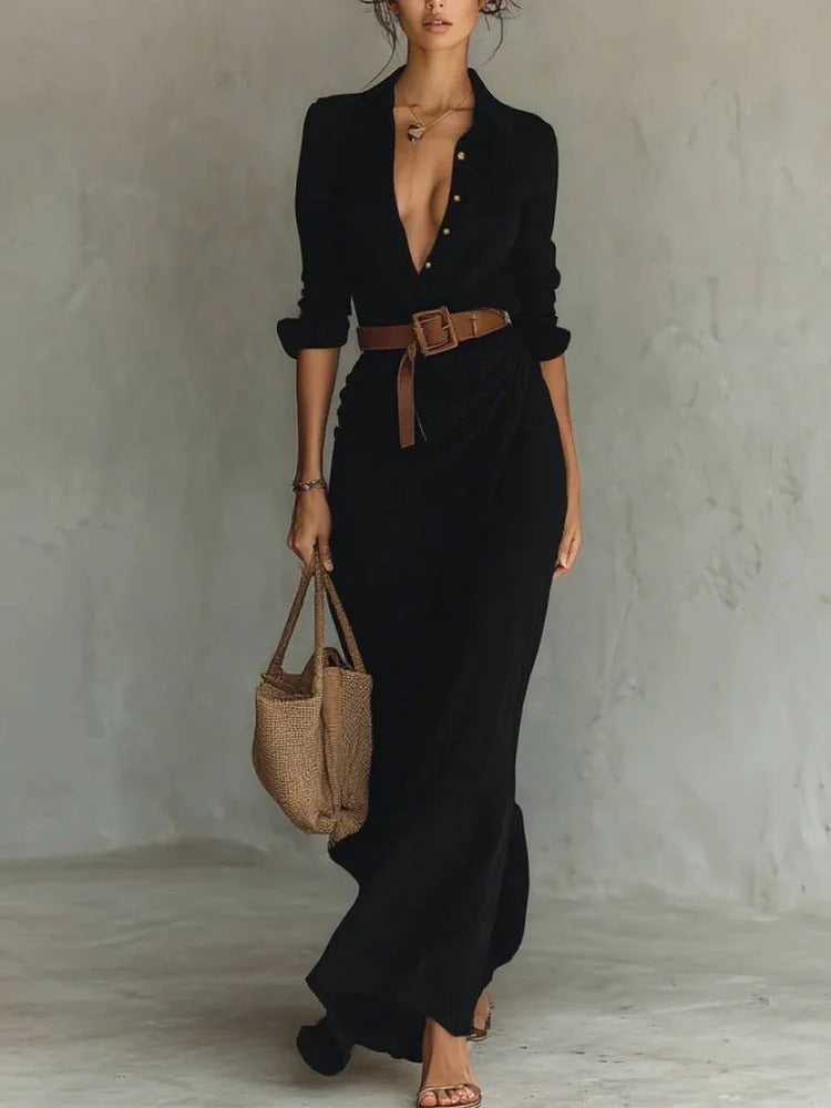 Damen Maxikleid Klassischer Hemdkragen Seidenstoff