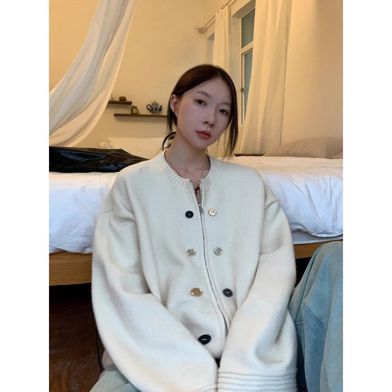 Damen Strickjacke Oversized mit Knöpfen Lässig Beige