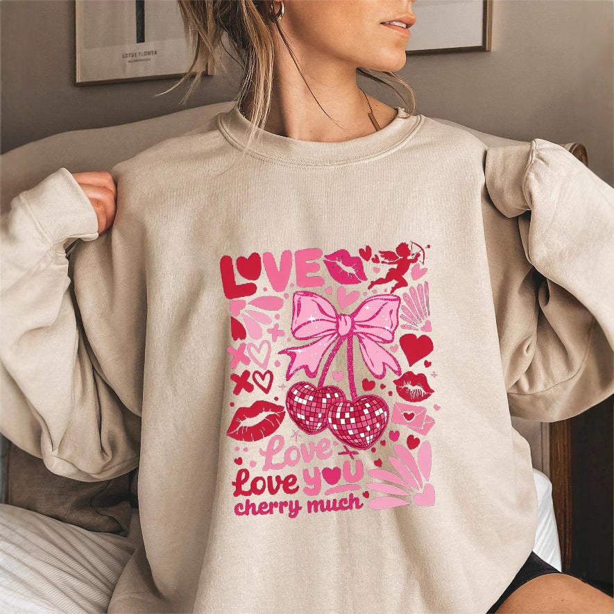Damen Sweatshirt Voluminöse Ärmel Kirschmotiv