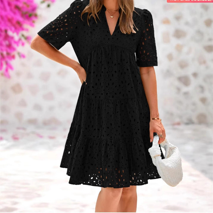Damen Sommerkleid Luftiges Lochmuster Weiß