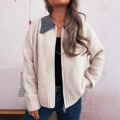 Damen Strickjacke Kontrastkragen Reißverschluss Grau Eveloria