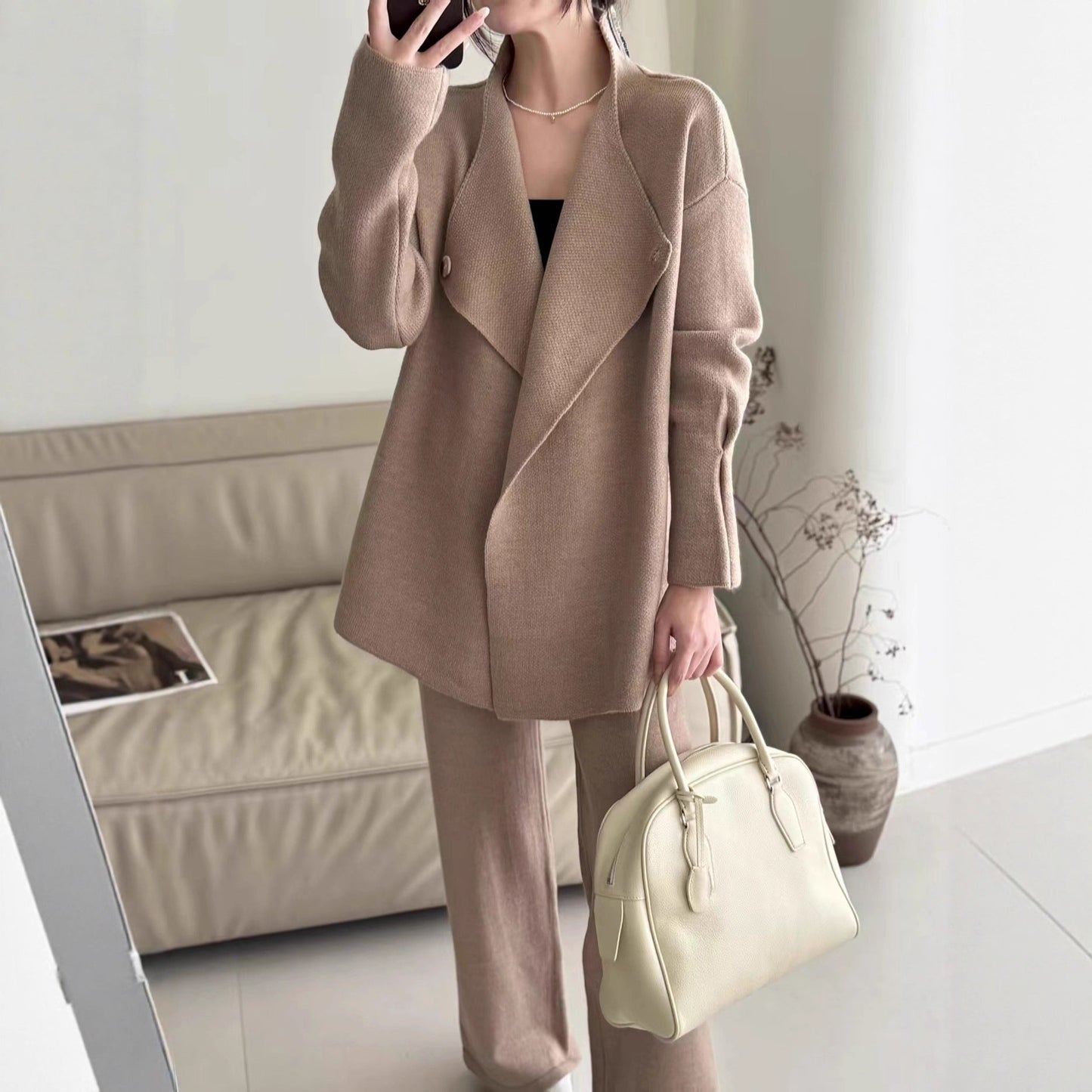 Damen Blazer Tailliert Gürtel Feine Textur Eveloria