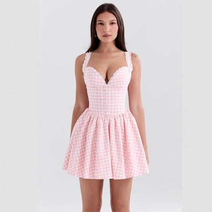 Damen Minikleid V-Schnitt Rüschen Karomuster Eveloria