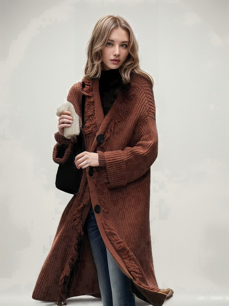 Damen Grobstrick Cardigan mit Fransen und Knöpfen Beige