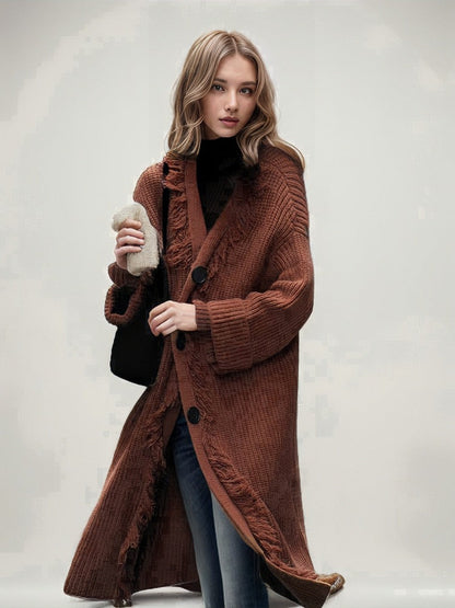 Damen Grobstrick Cardigan mit Fransen und Knöpfen Beige