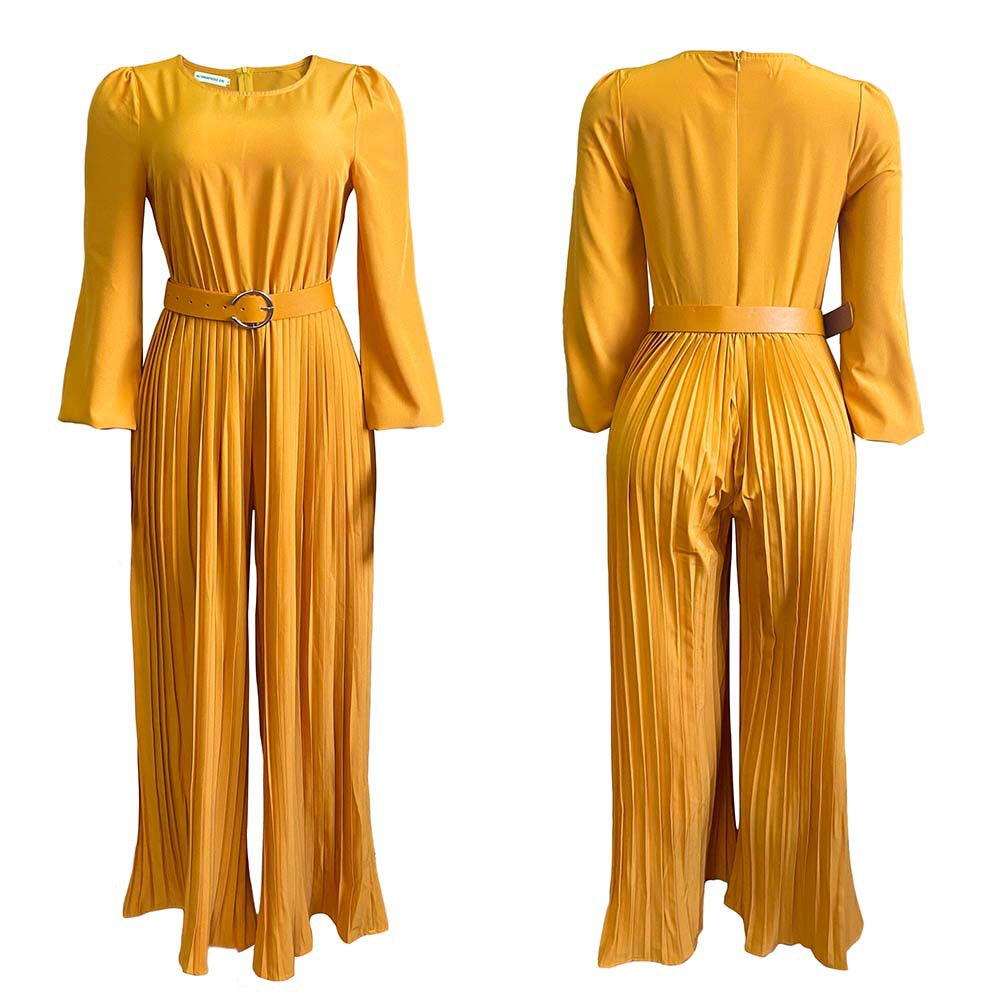 Damen Jumpsuit Plissee mit Gürtel und weiten Ärmeln Eveloria