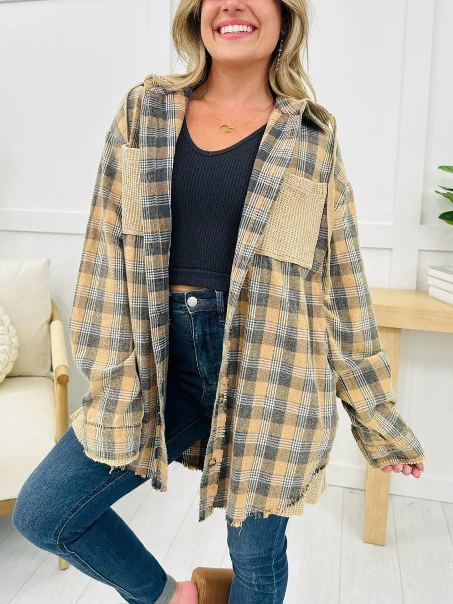 Damen Karo-Hemdjacke Oversized mit Fransen Details Braun