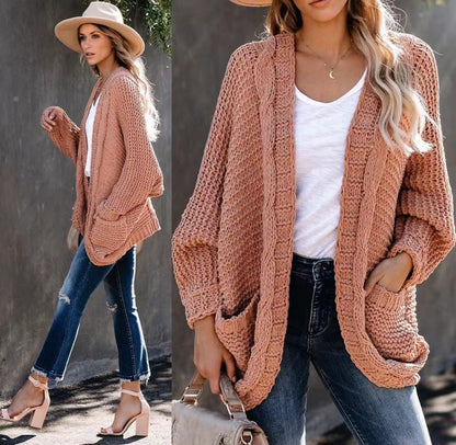 Damen Grobstrick-Cardigan Lässig Voluminöse Ärmel Beige