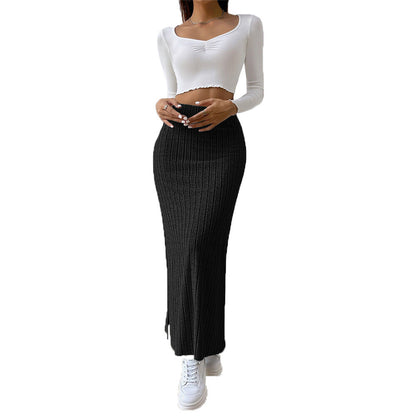 Damen Langer Strickrock Diagonale Rippen Hochwerder Rock