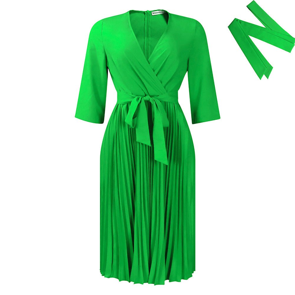Damen Wickelkleid Plissiert Elegant Taillengürtel Eveloria