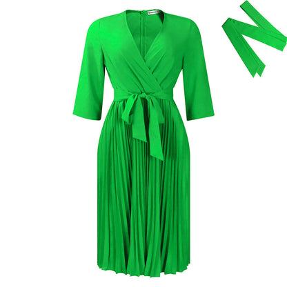 Damen Wickelkleid Plissiert Elegant Taillengürtel Eveloria