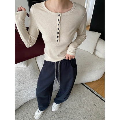 Damen Langarmshirt mit Knopfleiste Baumwolle Beige