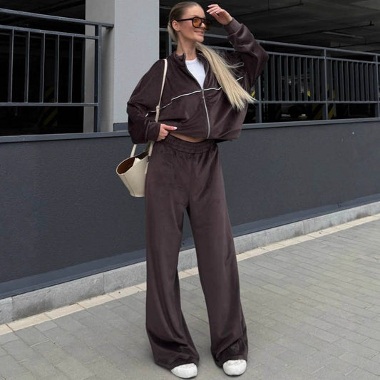 Damen Velours-Loungewear-Anzug Weiter Schnitt Elastischer Bund - Eveloria