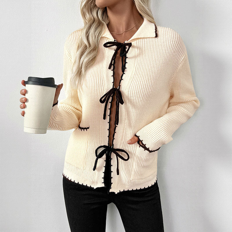 Damen Strickjacke Dekoratives Bindeband Elegantes Design