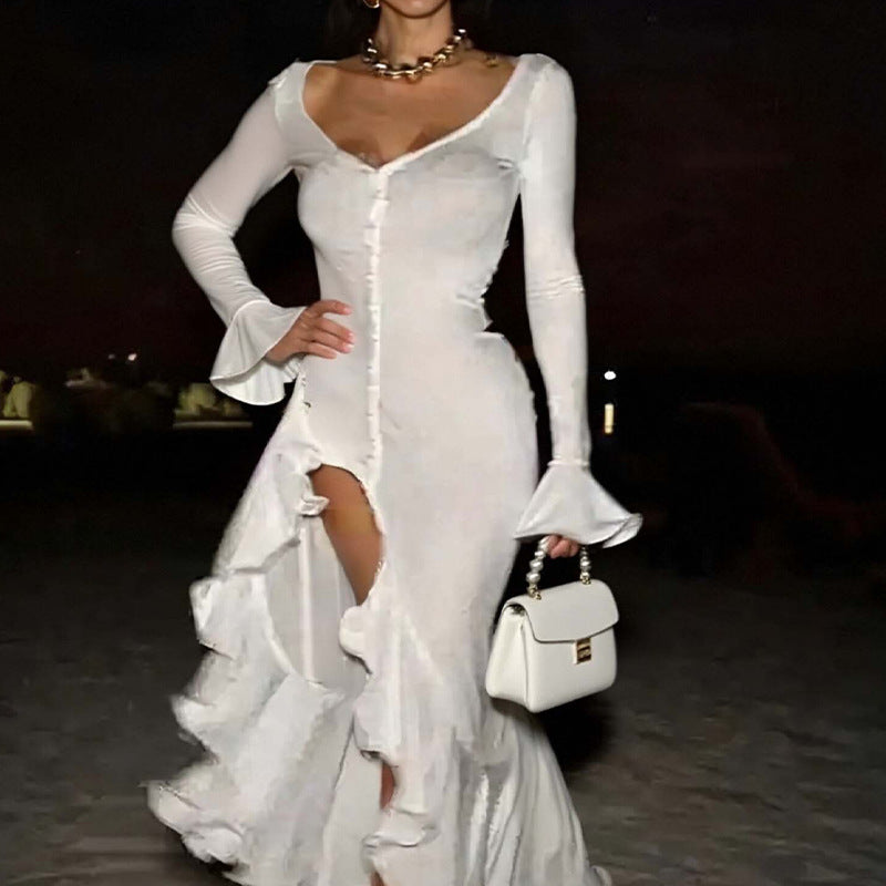 Damen Maxikleid mit Rüschendetails und Knopfleiste Elegantes Design