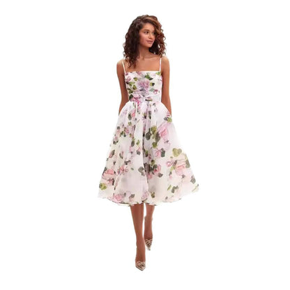 Damen Midi-Kleid Floralmuster Chiffon Taillengürtel