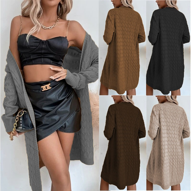 Damen Strickmantel Strukturiertes Zopfmuster Beige - Eveloria