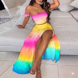 Damen Maxikleid Schulterfrei Bunt