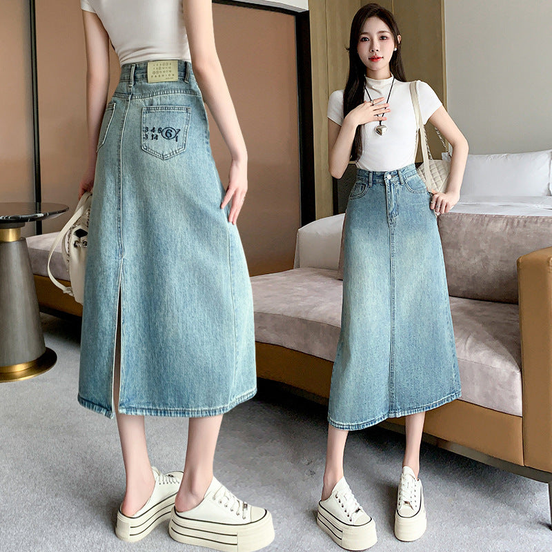 Damen Maxi-Rock Denim mit Schlitz Schwarz Eveloria - Eveloria