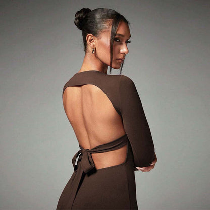 Damen Maxikleid Langarm Seitenschlitz Eveloria