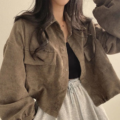 Damen Cordjacke Voluminöse Ärmel Braun Eveloria
